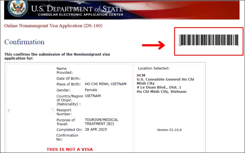 In tờ khai visa thăm thân Mỹ