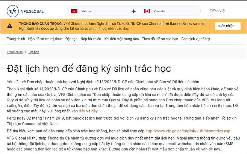 Truy cập đặt lịch hẹn visa Canada