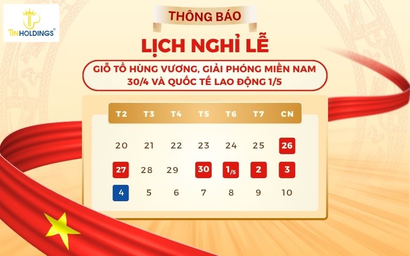 Lịch nghỉ lễ Giỗ Tổ Hùng Vương, Giải Phóng Miền Nam 30/4 và Quốc Tế Lao Động 1/5