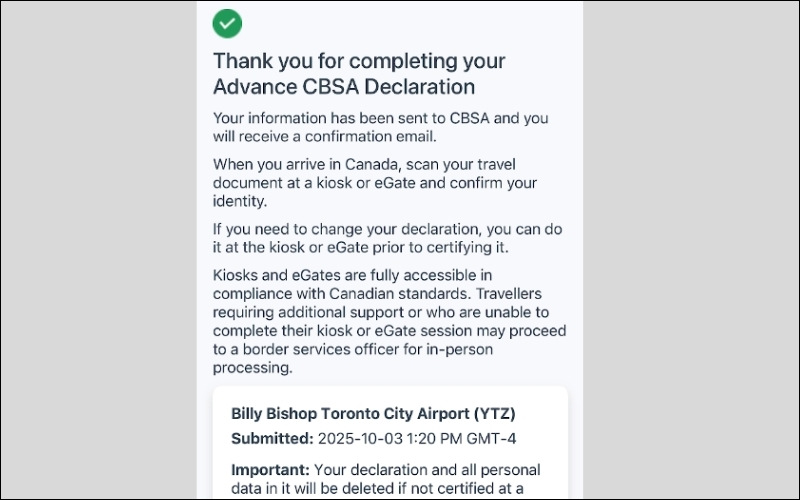 Thông báo thủ tục nhập cảnh Canada