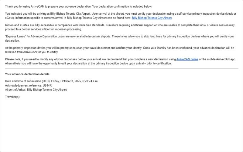 Email xác nhận thủ tục nhập cảnh Canada