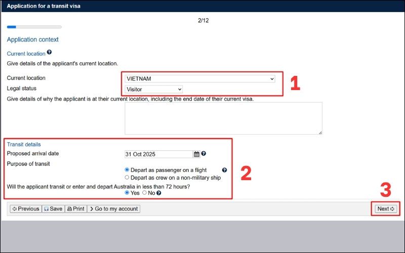 Chọn mục đích visa transit Úc