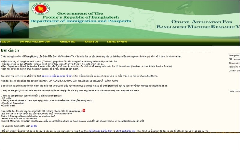 Đăng nhập vào trang web xin visa Bangladesh