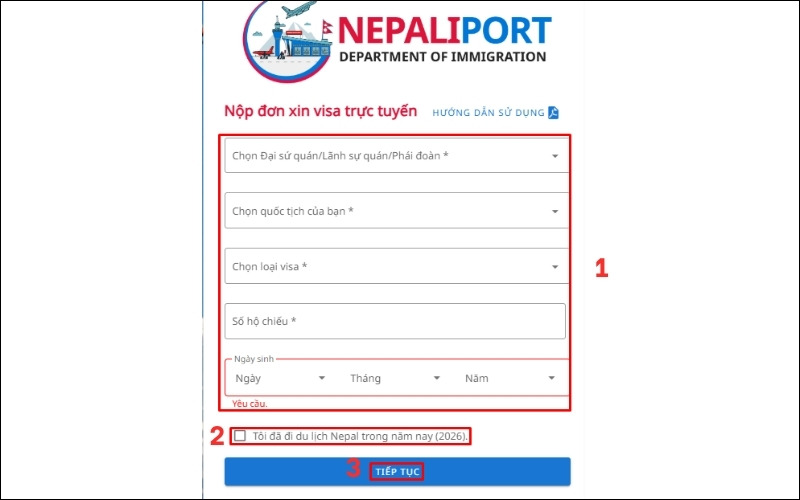 Chọn thông tin trên form đăng ký xin visa Nepal