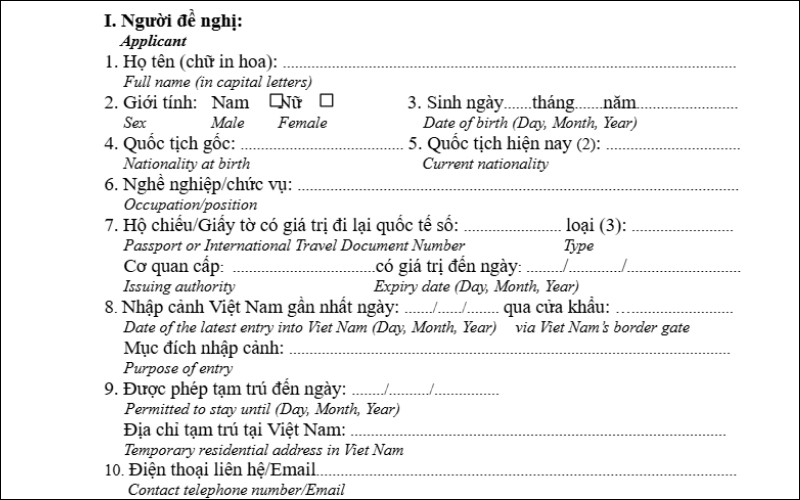 Người đề nghị điền mẫu đơn gia hạn visa cho người nước ngoài